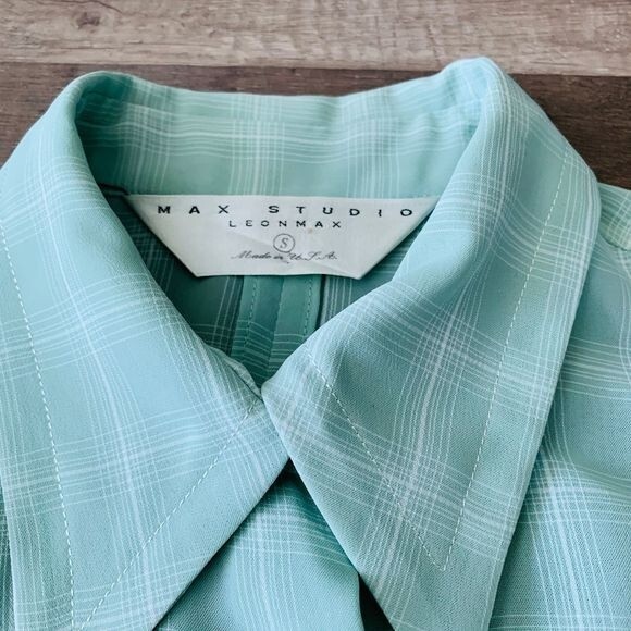 Max Studio Mint Green blouse windowpane plaid shirt short sleeve collar size S - Picture 7 of 10